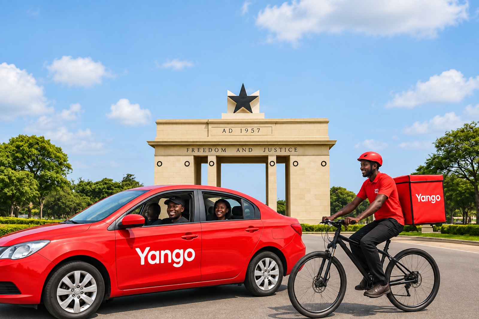Yango — branded vehicle and rider at Ghana's Independence Arch